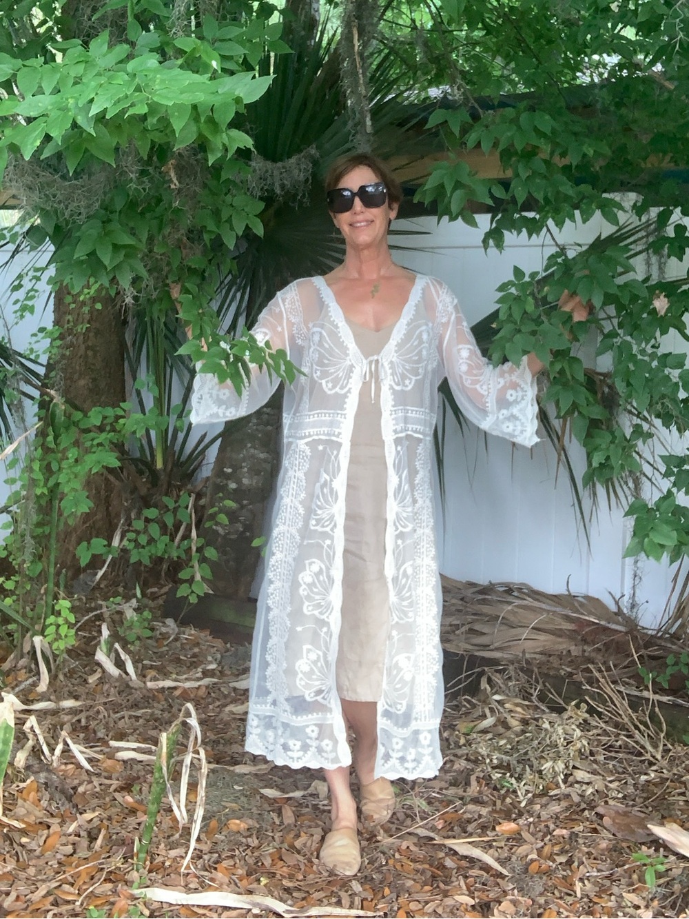 Sheer White Embroidered Long Duster Kimono